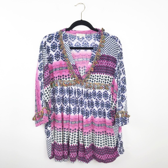 Velzera Tops - Velzera Pom Pom bohemian printed blouse